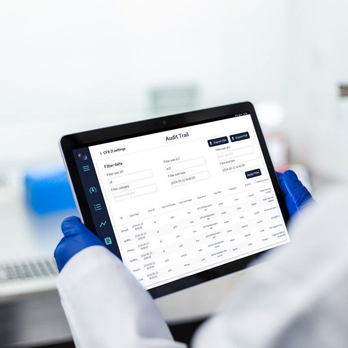 Close-up view of a tablet screen showing the Soft Matter Analytics™ Compliance Add-On, designed for FDA 21 CFR Part 11 compliance with Rheolution instruments.